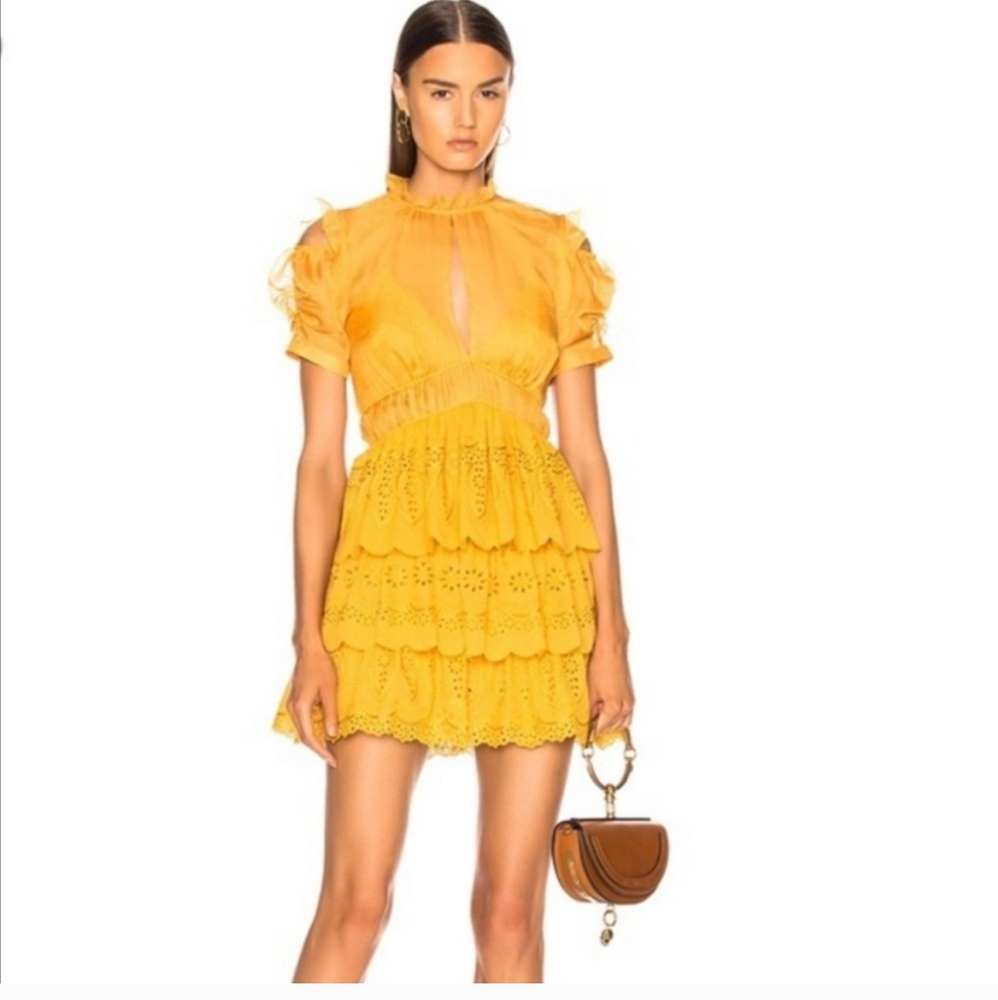 Self-Portrait Mustard Yellow Tiered Eyelet Mini Dress